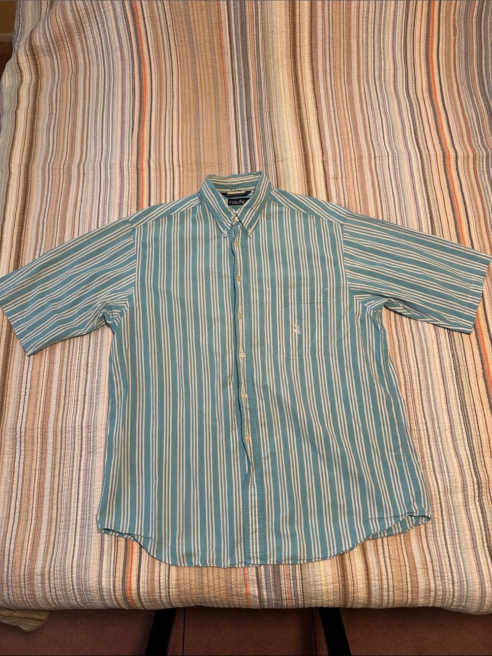 Nautica Teal and White Striped Short-Sleeve Button-Down Shirt